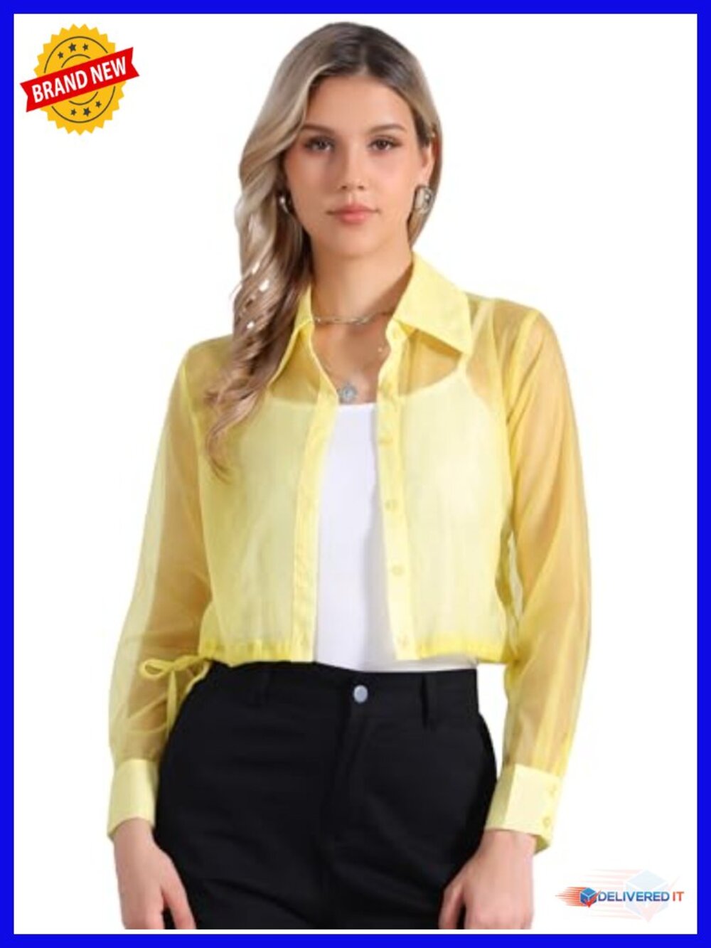 Sheer Mesh Long Sleeve Button Down Crop Top Jacket Tie Hem Drawstring